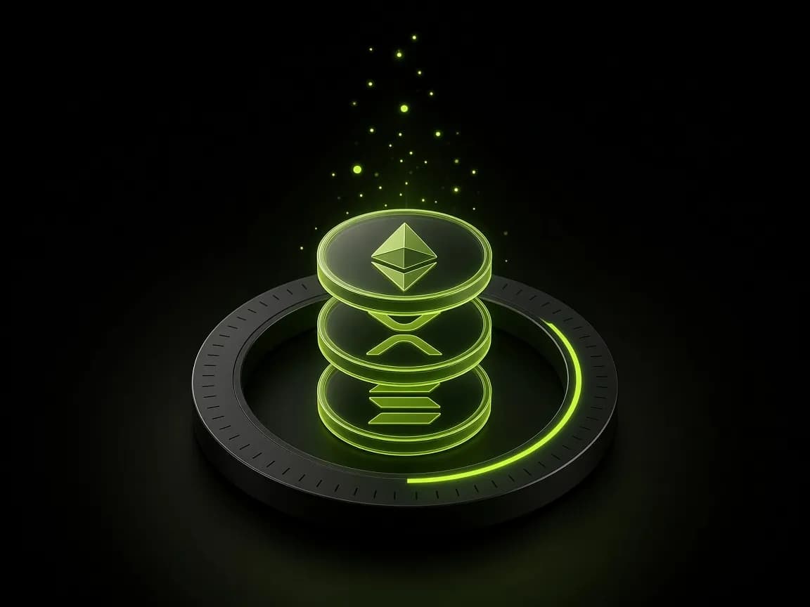 예치 기간 링 안에 쌓인 ETH, XRP, SOL 코인과 위로 오르는 보상